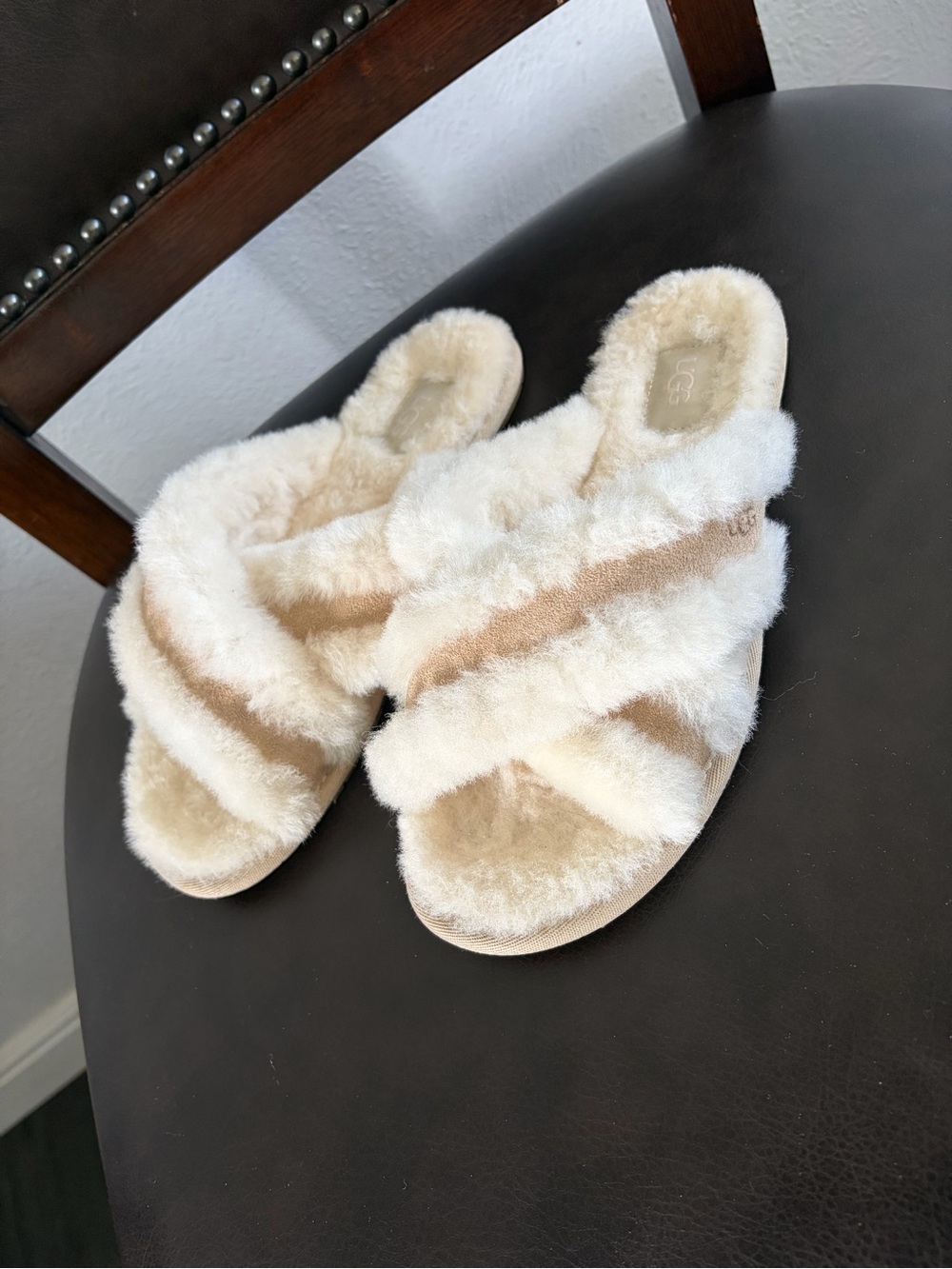 UGG Women's Cream and Tan Sheepskin Cross-Strap Slippers